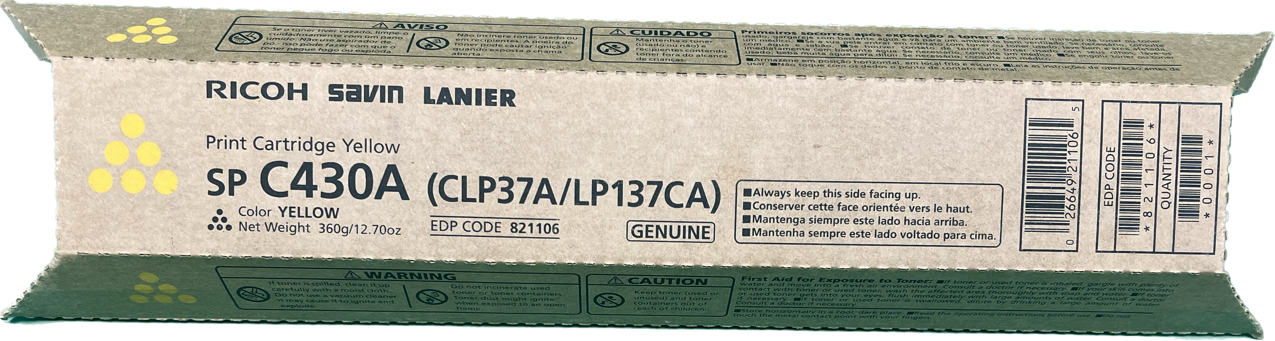 Genuine Ricoh Yellow Toner Cartridge | 821106 | SP C430A (CLP37A/LP137CA)