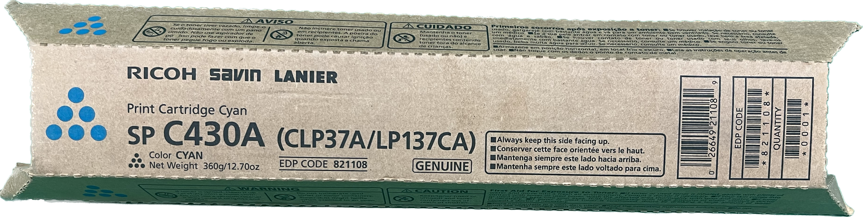 Genuine Ricoh Cyan Toner Cartridge | 821108 | SP C430A (CLP37A/LP137CA)